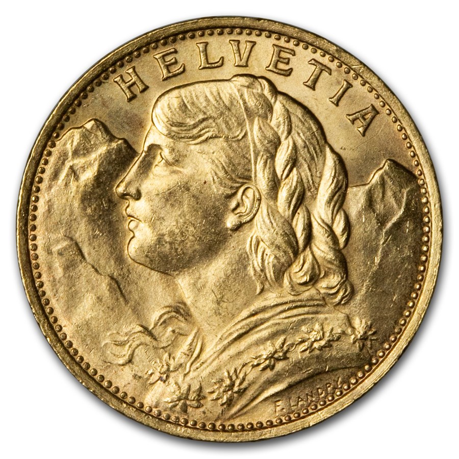 1922-B Swiss Gold 20 Francs Helvetia BU