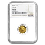 1922 Gold $1.00 Grant No Star MS-63 NGC