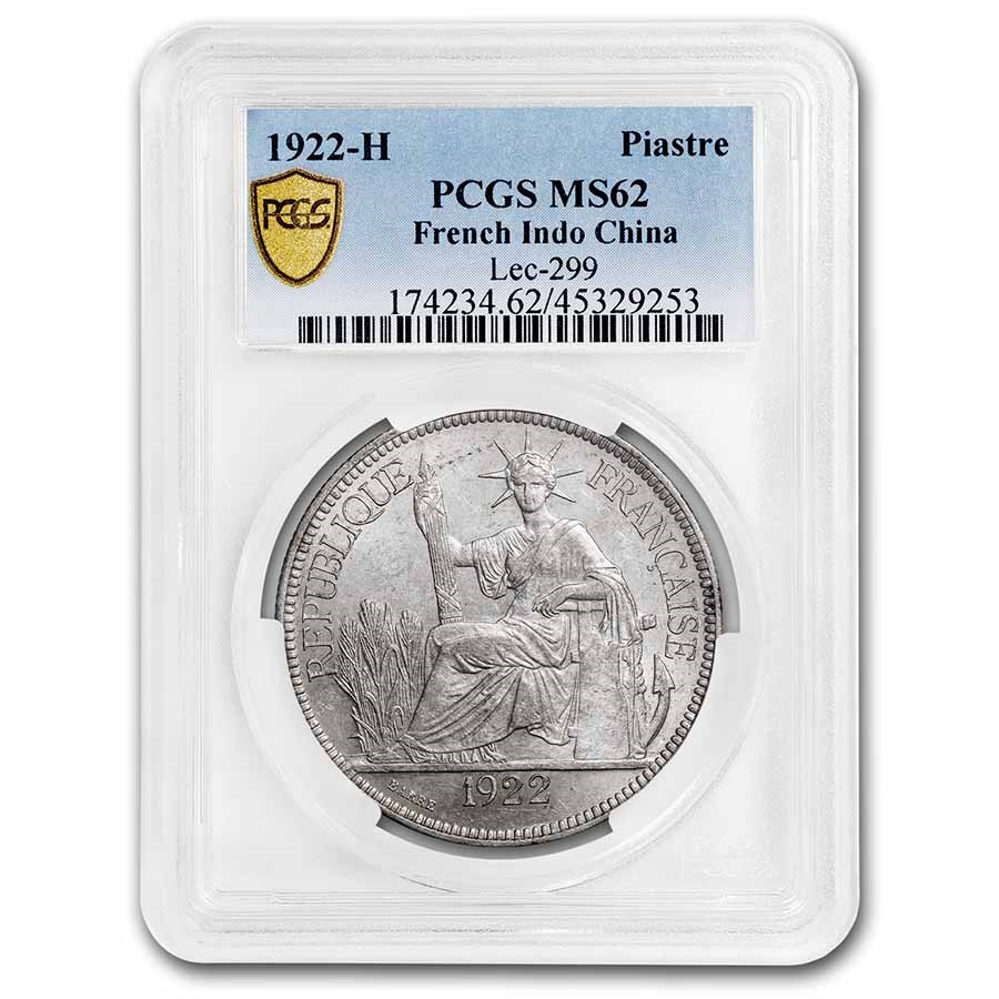 1922-H French Indo-China Silver Piastre MS-62 PCGS