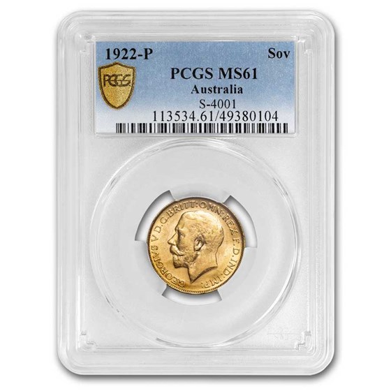1922-P Australia Gold Sovereign George V MS-61 PCGS 1922-P Australia Gold Sovereign George V MS-61 PCGS