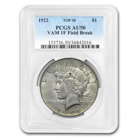 1922 Peace Dollar AU-50 PCGS (VAM-1F, Field Die Break, Top-50) 1922 Peace Dollar AU-50 PCGS (VAM-1F, Field Die Break, Top-50)