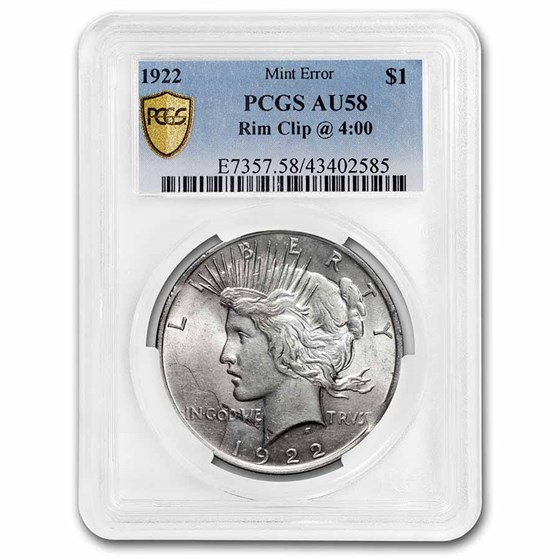 1922 Peace Dollar AU58 PCGS (Rim Clip Mint Error) 1922 Peace Dollar AU58 PCGS (Rim Clip Mint Error)