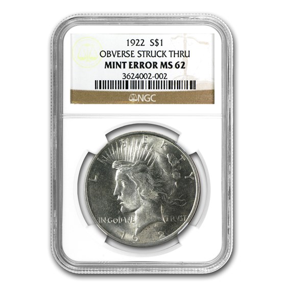 1922 Peace Dollar MS-62 NGC (Struck Thru Grease Error) 1922 Peace Dollar MS-62 NGC (Struck Thru Grease Error)