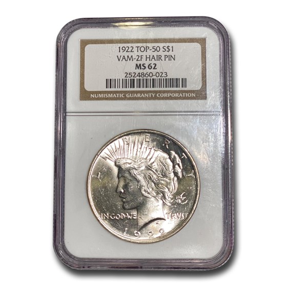 1922 Peace Dollar MS-62 NGC (VAM-2F Hair Pin, Top-50) 1922 Peace Dollar MS-62 NGC (VAM-2F Hair Pin, Top-50)