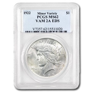 1922 Peace Dollar MS-62 PCGS (VAM-2A Ear Ring EDS, Top-50) 1922 Peace Dollar MS-62 PCGS (VAM-2A Ear Ring EDS, Top-50)