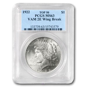 1922 Peace Dollar MS-63 PCGS (VAM-2E Wing Die Break, Top-50) 1922 Peace Dollar MS-63 PCGS (VAM-2E Wing Die Break, Top-50)
