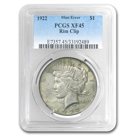 1922 Peace Dollar XF-45 PCGS (Rim Clip Mint Error) 1922 Peace Dollar XF-45 PCGS (Rim Clip Mint Error)