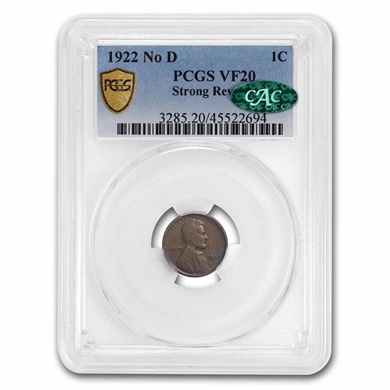 1922 Plain Lincoln Cent VF-20 PCGS CAC (No D, Strong Reverse)