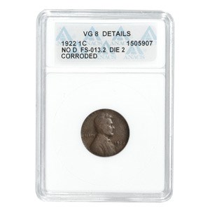1922 Plain Lincoln Cent VG-8 Details ANACS (NO-D Variety) 1922 Plain Lincoln Cent VG-8 Details ANACS (NO-D Variety)