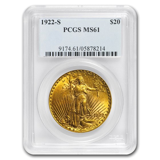 1922-S $20 Saint-Gaudens Gold Double Eagle MS-61 PCGS 1922-S $20 Saint-Gaudens Gold Double Eagle MS-61 PCGS