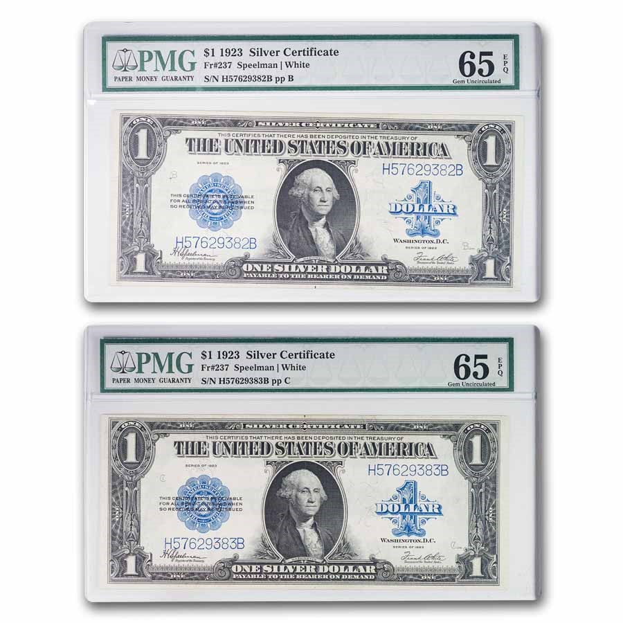 1923 $1.00 Silver Cert. CU-65 EPQ PMG (Fr#237) 2 Consecutive