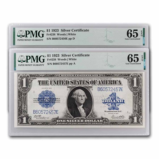 238 Code Silver Buy 1923 $1.00 Silver Cert. CU-65 EPQ PMG (Fr#238) 2 Consecutive | APMEX
