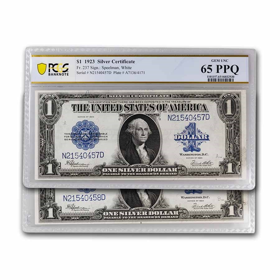 1923 $1.00 Silver Cert. CU-65 PPQ PCGS (Fr#237) 2 Consecutive