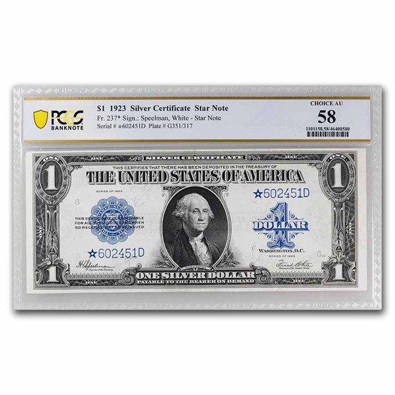 1923* $1.00 Silver Certificate AU-58 PCGS (Fr#237*) Star Note 1923* $1.00 Silver Certificate AU-58 PCGS (Fr#237*) Star Note
