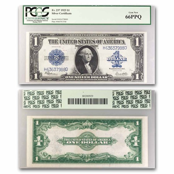 1923 $1.00 Silver Certificate CU-66 PPQ PCGS (Fr#237) 1923 $1.00 Silver Certificate CU-66 PPQ PCGS (Fr#237)