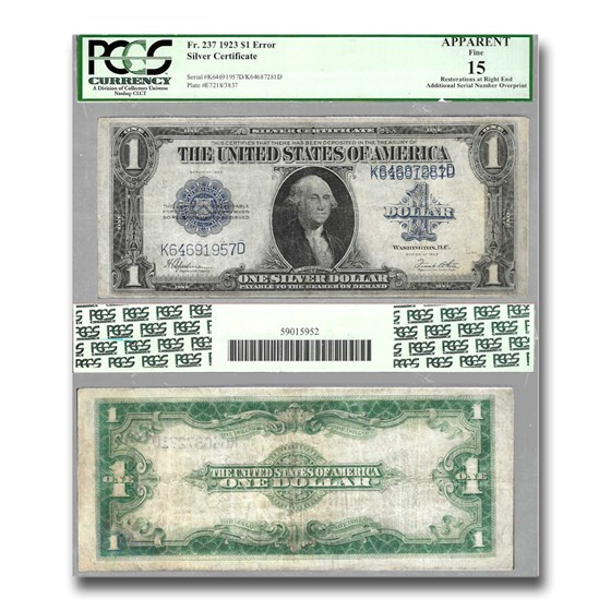 1923 $1.00 Silver Certificate F-15 PCGS (Fr#237) S/N Overprint 1923 $1.00 Silver Certificate F-15 PCGS (Fr#237) S/N Overprint