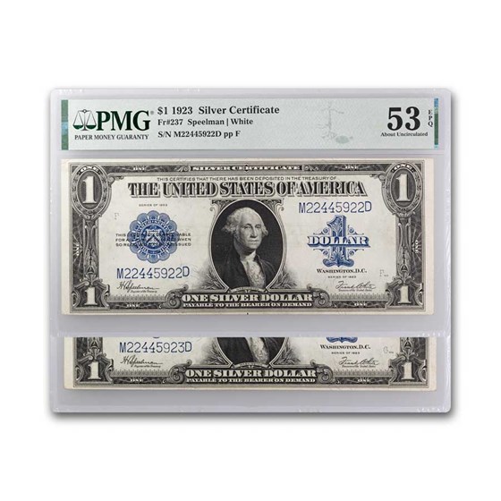1923 $1 Silver Certificate AU PMG (Fr#237) 2 Consecutive 1923 $1 Silver Certificate AU PMG (Fr#237) 2 Consecutive