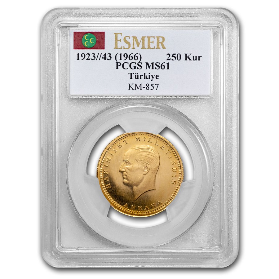 1923/43 (1966) Turkey Gold 250 Kurush Atatürk MS-61 PCGS
