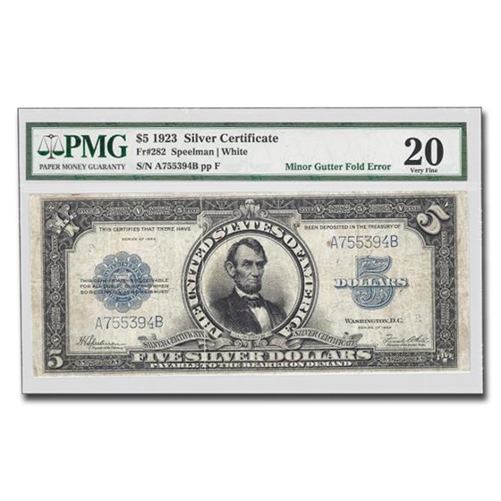 1923 $5.00 Silver Cert. Porthole VF-20 PMG (Fr#282) Gutter Fold 1923 $5.00 Silver Cert. Porthole VF-20 PMG (Fr#282) Gutter Fold