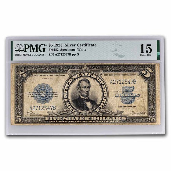 1923 $5.00 Silver Certificate Lincoln Porthole F-15 PMG (Fr#282) 1923 $5.00 Silver Certificate Lincoln Porthole F-15 PMG (Fr#282)