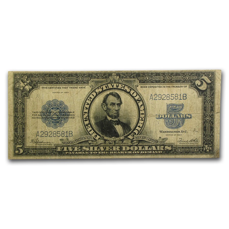 1923 $5.00 Silver Certificate Lincoln Porthole Fine (Fr#282)