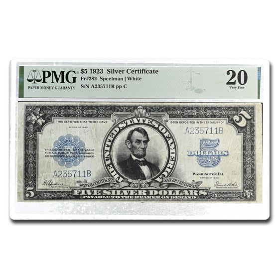 1923 $5.00 Silver Certificate Lincoln Porthole VF-20 PMG (Fr#282) 1923 $5.00 Silver Certificate Lincoln Porthole VF-20 PMG (Fr#282)