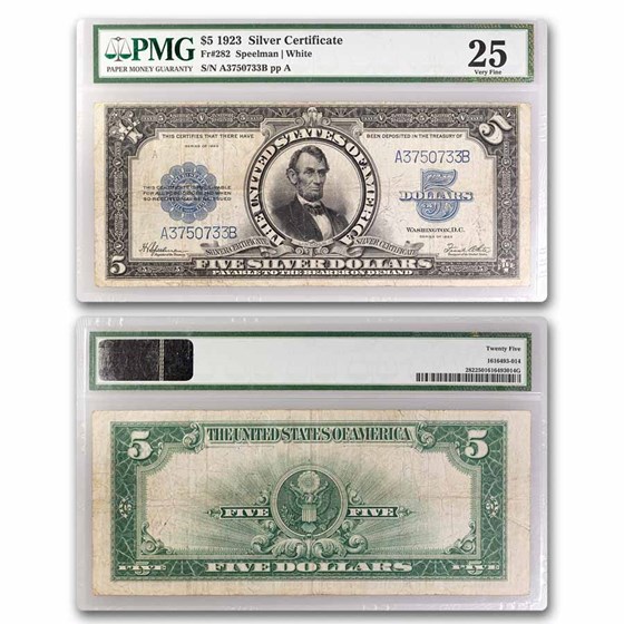 1923 $5.00 Silver Certificate Lincoln Porthole VF-25 PMG (Fr#282)