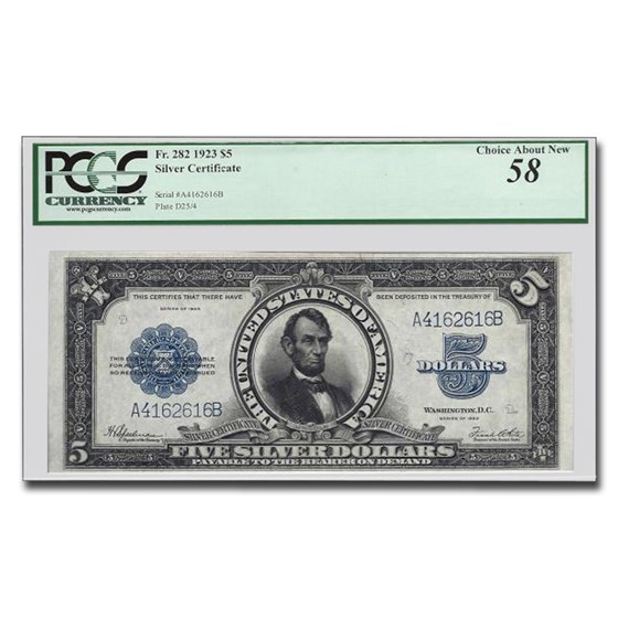 1923 $5 Silver Certificate Lincoln Porthole AU-58 PCGS (Fr#282)