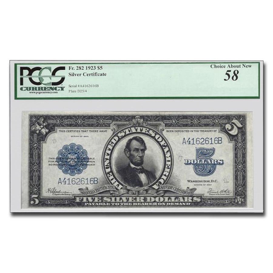 1923 $5 Silver Certificate Lincoln Porthole AU-58 PCGS (Fr#282)