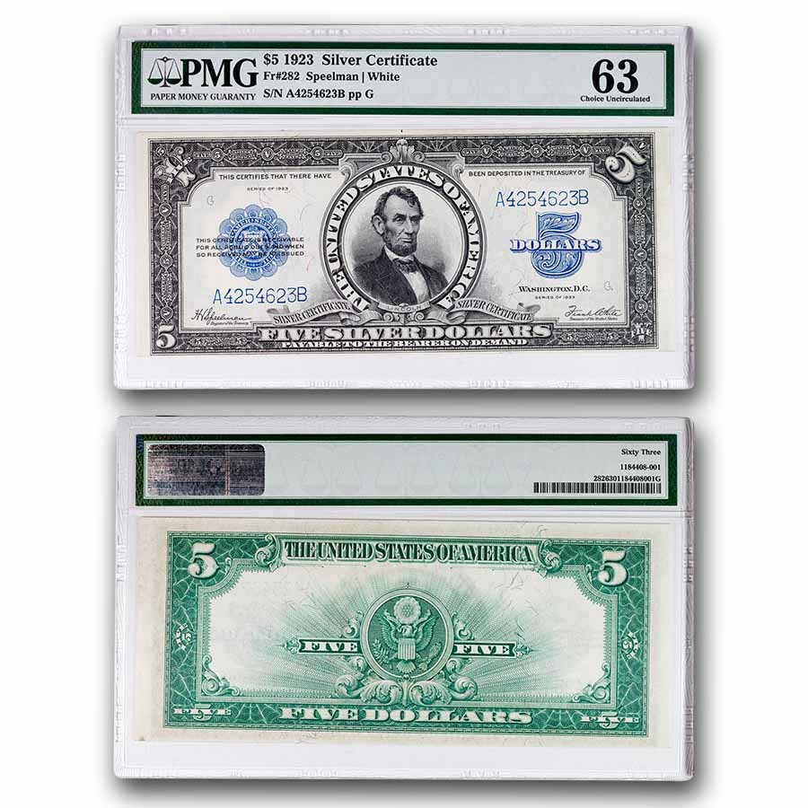 1923 $5 Silver Certificate Lincoln Porthole CU-63 PMG (Fr#282)