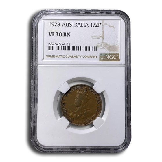1923 Australia 1/2 Penny George V VF-30 NGC (Brown) 1923 Australia 1/2 Penny George V VF-30 NGC (Brown)