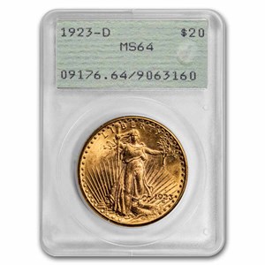 1923-D $20 St Gaudens Gold Double Eagle MS-64 PCGS Rattler