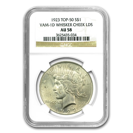 1923 Peace Dollar AU-58 NGC (VAM-1D Whisker Cheek, LDS Top-50) 1923 Peace Dollar AU-58 NGC (VAM-1D Whisker Cheek, LDS Top-50)