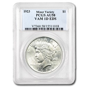 1923 Peace Dollar AU-58 PCGS (VAM-1D Whisker Cheek EDS, Top-50) 1923 Peace Dollar AU-58 PCGS (VAM-1D Whisker Cheek EDS, Top-50)