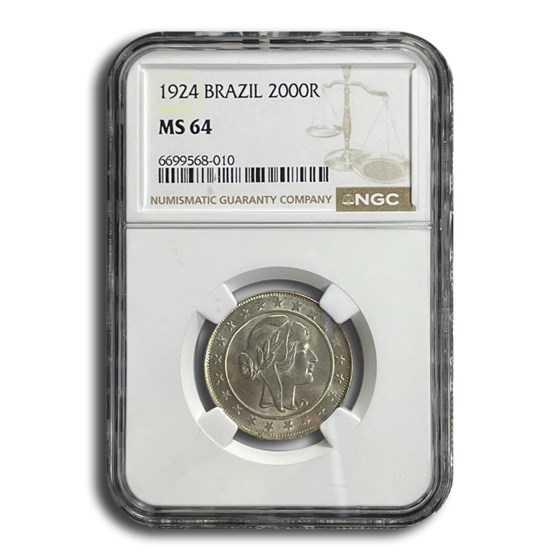 1924 Brazil Silver 2000 Reis MS-64 NGC