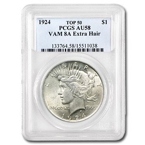 1924 Peace Dollar AU-58 PCGS (VAM-8A, Extra Hair, Top-50) 1924 Peace Dollar AU-58 PCGS (VAM-8A, Extra Hair, Top-50)