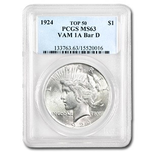 1924 Peace Dollar MS-63 PCGS (VAM-1A Bar D, Top-50) 1924 Peace Dollar MS-63 PCGS (VAM-1A Bar D, Top-50)