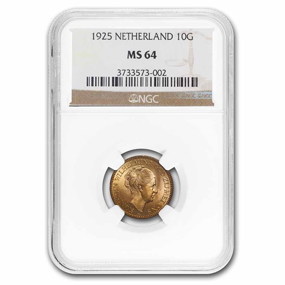 1925 Netherlands Gold 10 Gulden Wilhelmina I MS-64 NGC 1925 Netherlands Gold 10 Gulden Wilhelmina I MS-64 NGC