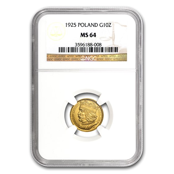 1925 Poland Gold 10 Zlotych Boleslaw MS-64 NGC