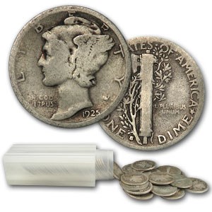 1925-S Mercury Dime 50-Coin Roll Avg Circ