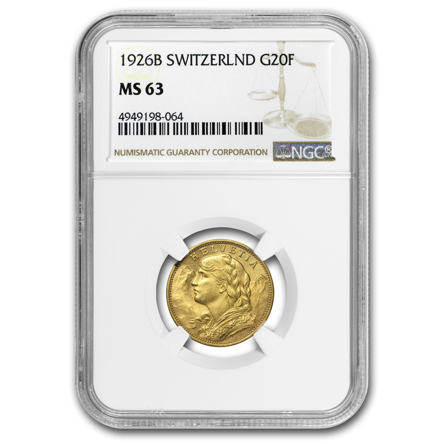 Buy 1926-B Switzerland Gold 20 Francs Helvetia MS-63 NGC | APMEX