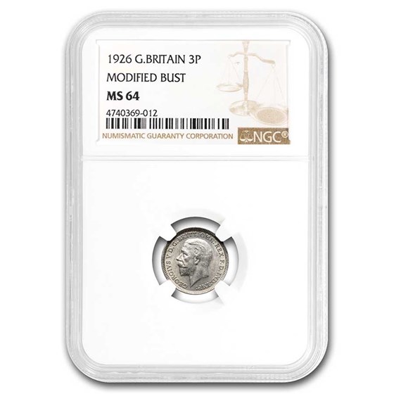 1926 Great Britain Silver 3 Pence George V MS-64 NGC 1926 Great Britain Silver 3 Pence George V MS-64 NGC