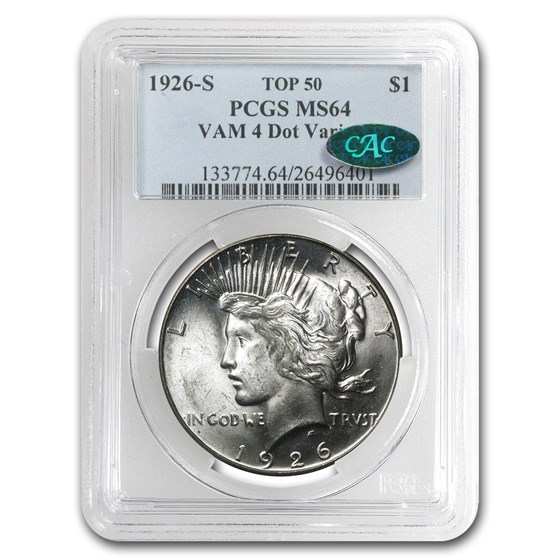 1926-S Peace Dollar MS-64 PCGS (VAM-4, Dot Variety, CAC, Top-50) 1926-S Peace Dollar MS-64 PCGS (VAM-4, Dot Variety, CAC, Top-50)