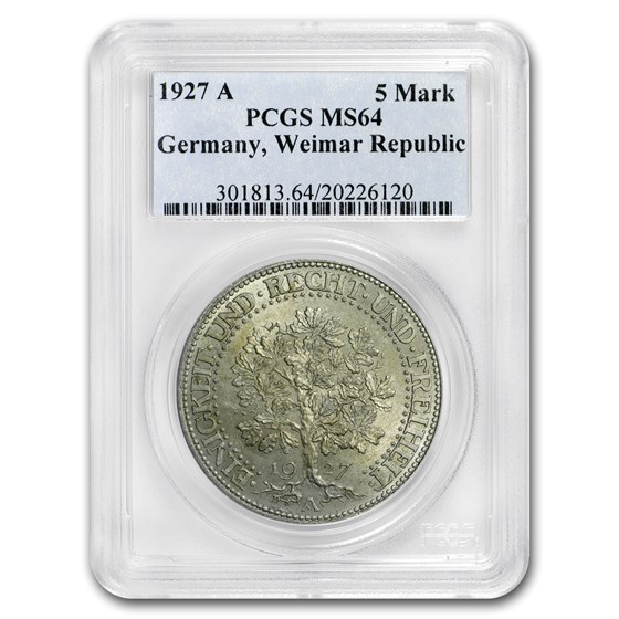 1927-A Germany Silver 5 Mark Oak Tree MS-64 PCGS 1927-A Germany Silver 5 Mark Oak Tree MS-64 PCGS