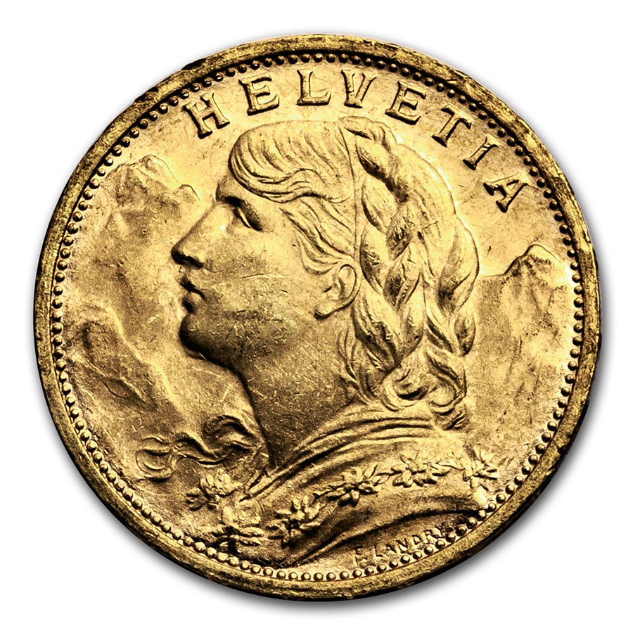 1927-B Swiss Gold 20 Francs Helvetia BU