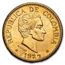 1927 Colombia Gold 5 Pesos Coin BU