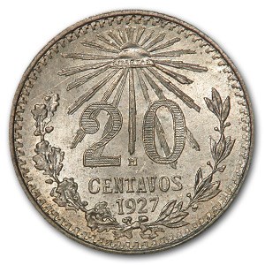 1927 Mexico Silver 20 Centavos BU Details 1927 Mexico Silver 20 Centavos BU Details
