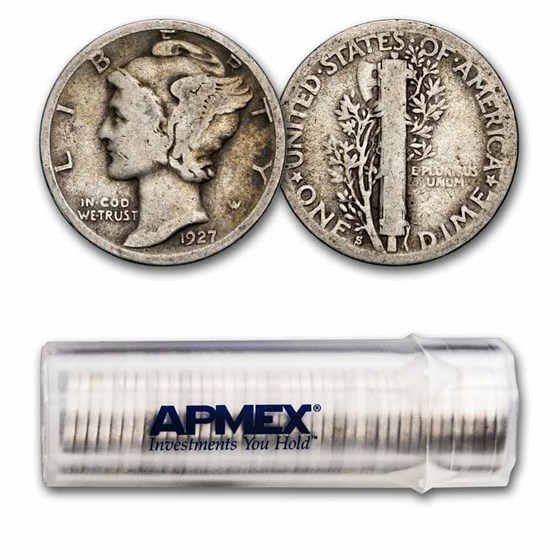 1927-S Mercury Dime 50-Coin Roll Avg Circ
