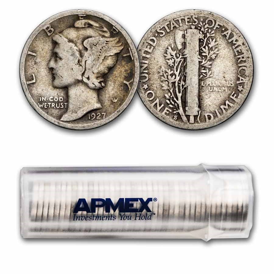1927-S Mercury Dime 50-Coin Roll Avg Circ