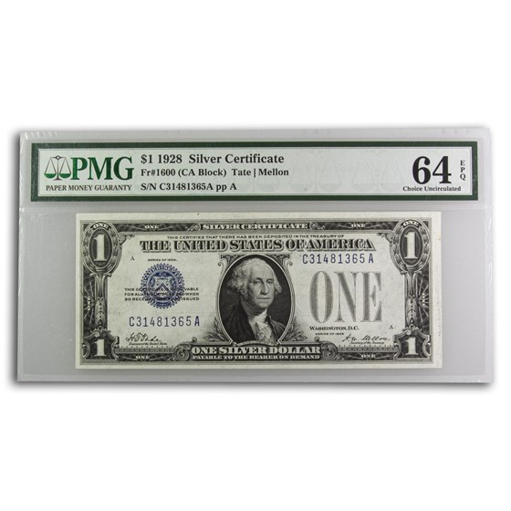 1928 $1.00 Silver Certificate Choice CU-64 EPQ PMG (Fr#1600)